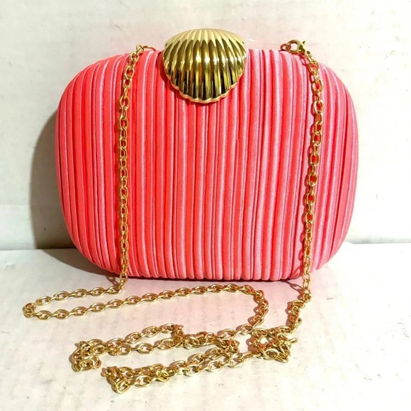 Jewel badgley mischka  satin coral pleated evening handbag - Picture 1 of 6